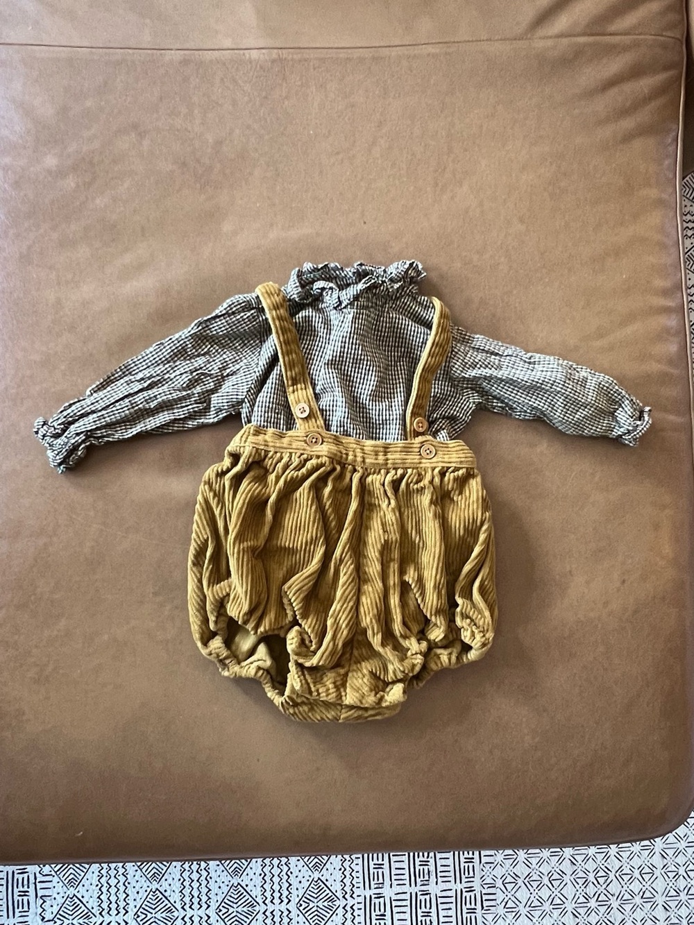 Caramel Mustard Corduroy Bubble Overalls with multi colored Blossom Shirt